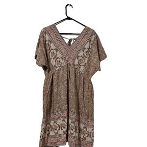 Davi & Dani V-Neck Plunge Mixed Print Boho Tunic Mini Dress  Size Large